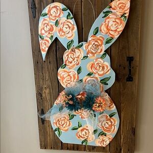 Floral Bunny Wall Decor in Peach and Teal - Handmade Home Accent